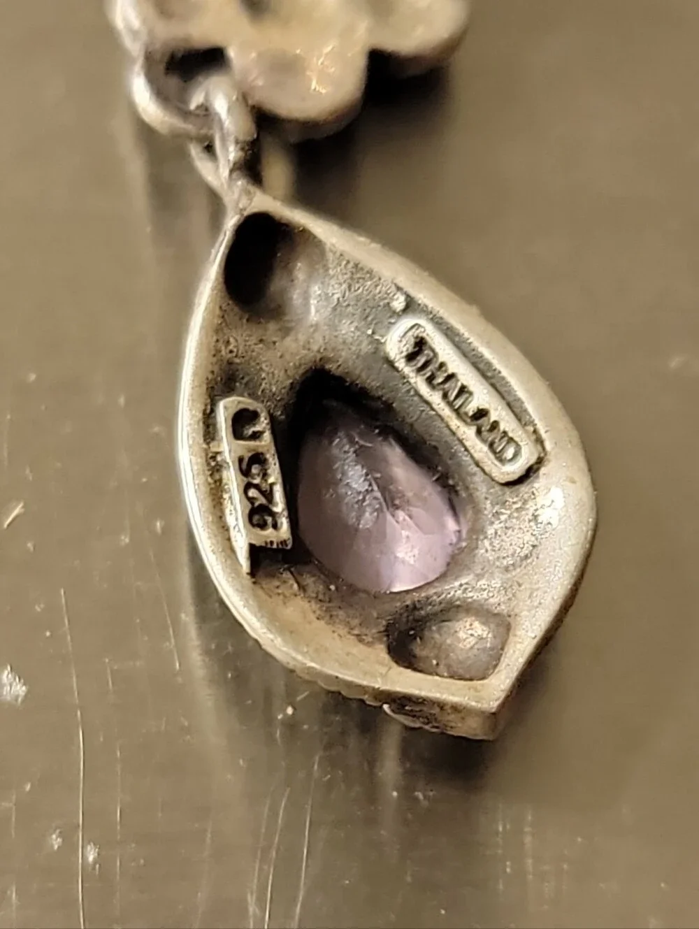 925 Sterling Silver Purple Amethyst Teardrop Dangle/Drop Earrings Bezel Signed